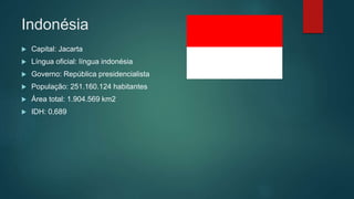 Indonésia
 Capital: Jacarta
 Língua oficial: língua indonésia
 Governo: República presidencialista
 População: 251.160.124 habitantes
 Área total: 1.904.569 km2
 IDH: 0,689
 