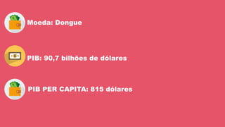 Moeda: Dongue
PIB: 90,7 bilhões de dólares
PIB PER CAPITA: 815 dólares
 