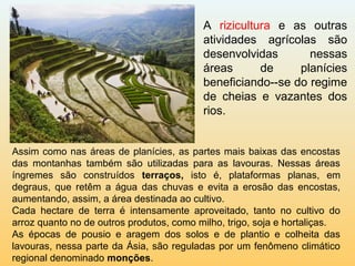 Assim como nas áreas de planícies, as partes mais baixas das encostas
das montanhas também são utilizadas para as lavouras. Nessas áreas
íngremes são construídos terraços, isto é, plataformas planas, em
degraus, que retêm a água das chuvas e evita a erosão das encostas,
aumentando, assim, a área destinada ao cultivo.
Cada hectare de terra é intensamente aproveitado, tanto no cultivo do
arroz quanto no de outros produtos, como milho, trigo, soja e hortaliças.
As épocas de pousio e aragem dos solos e de plantio e colheita das
lavouras, nessa parte da Ásia, são reguladas por um fenômeno climático
regional denominado monções.
A rizicultura e as outras
atividades agrícolas são
desenvolvidas nessas
áreas de planícies
beneficiando--se do regime
de cheias e vazantes dos
rios.
 