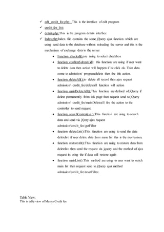 edit_credit_fee.php: This is the interface of edit program
 credit_fee_list:
 details.php:This is the program details interface
 Index.php:Index file contains the some jQuery ajax function which are
using send data to the database without reloading the server and this is the
mechanism of exchange data to the server
 Function checkall():are using to select checkbox
 function confirmSubmit(id): this function are using if user want
to delete data then action will happen if he click ok. Then data
come to admission/ program/delete then fire this action.
 function deleteAll():to delete all record then ajax request
admission/ credit_fee/deleteall function will action
 function mainDeleteAll():This function are defined of jQuery if
delete permanently from this page then request send to jQuery
admission/ credit_fee/mainDeleteall fire the action to the
controller to send request.
 function searchContent(val):This function are using to search
data and send via jQery ajax request
admission/credit_fee/getFilter
 function deleteList():This function are using to send the data
deletelist if user delete data from main list this is the mechanism.
 function restoreAll():This function are using to restore data from
deletelist then send the request via jquery and the method of ajax
request its using the if data will restore again
 function mainList():This method are using to user want to watch
main list then request send to jQuery ajax method
admission/credit_fee/resetFilter.
Table View:
This is table view of Master Credit fee
 