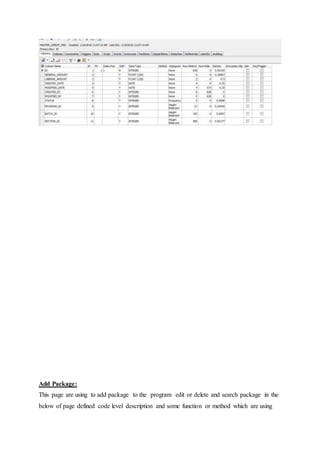 Add Package:
This page are using to add package to the program edit or delete and search package in the
below of page defined code level description and some function or method which are using
 