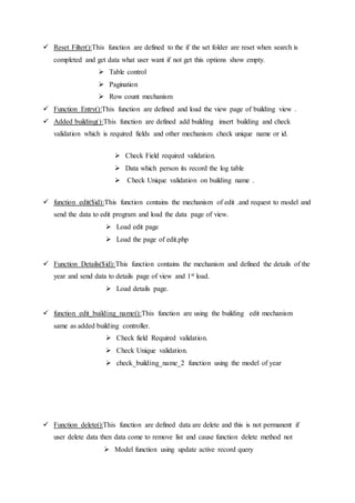  Reset Filter():This function are defined to the if the set folder are reset when search is
completed and get data what user want if not get this options show empty.
 Table control
 Pagination
 Row count mechanism
 Function Entry():This function are defined and load the view page of building view .
 Added building():This function are defined add building insert building and check
validation which is required fields and other mechanism check unique name or id.
 Check Field required validation.
 Data which person its record the log table
 Check Unique validation on building name .
 function edit($id):This function contains the mechanism of edit .and request to model and
send the data to edit program and load the data page of view.
 Load edit page
 Load the page of edit.php
 Function Details($id):This function contains the mechanism and defined the details of the
year and send data to details page of view and 1st load.
 Load details page.
 function edit_building_name():This function are using the building edit mechanism
same as added building controller.
 Check field Required validation.
 Check Unique validation.
 check_building_name_2 function using the model of year
 Function delete():This function are defined data are delete and this is not permanent if
user delete data then data come to remove list and cause function delete method not
 Model function using update active record query
 