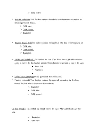  Table control
 Function deleteall():This function contains the deleteall data from table mechanism but
data not permanent deleted.
 Table view.
 Table control.
 Pagination.
 function deleted_list()This method contains the deletelist. This data come to remove list
 Table view.
 Table control.
 Pagination.
 function getDataDeleted():For remove list view if we delete data to grid view then data
comes to remove list this function contain the mechanism to sent data to remove list view.
 Table view
 Pagination

 function mainDeleteAll():Delete permanent from remove list.
 Function restoreall():This function contains the restore all mechanism the developer
defined function how to restore data from deletelist.
 Pagination
 Table view
 Table control.
Get data deleted(): This method are defined remove list view. After deleted data view the
table
 Pagination
 Table view
 
