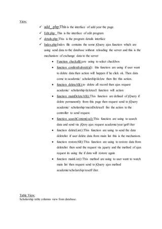View:
 add_.php:This is the interface of add year the page.
 Edit.php: This is the interface of edit program
 details.php:This is the program details interface
 Index.php:Index file contains the some jQuery ajax function which are
using send data to the database without reloading the server and this is the
mechanism of exchange data to the server
 Function checkall():are using to select checkbox
 function confirmSubmit(id): this function are using if user want
to delete data then action will happen if he click ok. Then data
come to academic/ scholarship/delete then fire this action.
 function deleteAll():to delete all record then ajax request
academic/ scholarship/deleteall function will action
 function mainDeleteAll():This function are defined of jQuery if
delete permanently from this page then request send to jQuery
academic/ scholarship/mainDeleteall fire the action to the
controller to send request.
 function searchContent(val):This function are using to search
data and send via jQery ajax request academic/year/getFilter
 function deleteList():This function are using to send the data
deletelist if user delete data from main list this is the mechanism.
 function restoreAll():This function are using to restore data from
deletelist then send the request via jquery and the method of ajax
request its using the if data will restore again
 function mainList():This method are using to user want to watch
main list then request send to jQuery ajax method
academic/scholarship/resetFilter.
Table View:
Scholarship table columns view from database.
 