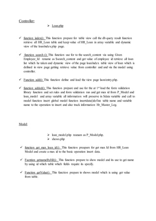 Controller:
 Loan.php
 function index(): This function prepare for table view call the db query result function
retrieve all HR_Loan table and keep value of HR_Loan in array variable and dynamic
view of the loan/index.php page.
 function search (): This function use for to the search_content via using Given
Employee_Id rename as $search_content and get value of employee id retrieve all loan
list which he taken and dynamic view of the page loan/index table view of loan which is
defined in view page getting retrieve value from controller and and via the model using
controller.
 Function add(): This function define and load the view page laon/entry.php.
 function added(): This function prepare and use for the at 1st load the form validation
library function and set rules and form validation run and get max id from P_Model and
loan_model and array variable all information will preserve in $data variable and call to
model function insert global model function insertdata()define table name and variable
name to the operation to insert and also track information Hr_Master_Log.
Model:
 loan_model.php reanam as P_Model.php.
 shows.php
 function get_max_loan_id(): This function preapare for get max Id from HR_Loan
Model and create a max id to the basic operation insert data.
 Fucntion getnameByIfd(): This function prepare to show model and its use to get name
by using id which table which fields require its specify.
 Function getValue(): This function prepare in shows model which is using get value
from table.
 