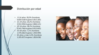 Distribución por edad
• 0-14 años: 28,3% (hombres
6.859.518/mujeres 6.815.185)
• 15-24 años: 20,2% (hombres
4.914.394/mujeres 4.866.121)
• 25-54 años: 38,2% (hombres
9.543.746/mujeres 8.923.605)
• 55-64 años: 7,1% (hombres
1.470.282/mujeres 1.950.499)
• 65 años y más: 6,3% (hombres
1.205.657/mujeres 1.826.638)
 