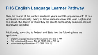 FHS English Language Learner Pathway 
Over the course of the last two academic years, our ELL population at FHS has 
increased exponentially. Many of these students speak little to no English and 
as a result, the degree to which they are able to successfully complete content 
coursework is limited. 
Additionally, according to Federal and State law, the following laws are 
applicable: 
● English Language Development instructional time G.L c. 71A 
● ELL Instructional Grouping Title VI; EEOA; G.L. c.71A § 4 
● Instructional Age Restrictions 603 CMR 28.06 (6) 
 