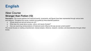 English 
New Course 
Stranger than Fiction (12) 
Description: This course explores how historical events, movements, and figures have been represented through various texts 
and mediums. Throughout the course, students are guided by three essential questions: 
● Whose stories are told and whose are not? 
● What does this reveal about society, culture, and issues of power? 
● How can examining reinterpretations of historical events influence the way we see current events? 
The course focuses on reading comprehension, textual analysis, inference, research, narrative, and deconstruction through critical 
lenses. 
 