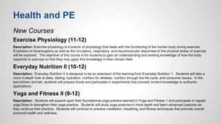 Health and PE 
New Courses 
Exercise Physiology (11-12) 
Description: Exercise physiology is a branch of physiology that deals with the functioning of the human body during exercise. 
Emphasis on bioenergetics as well as the circulatory, respiratory, and neuromuscular responses to the physical stress of exercise 
will be explored. The objective of this course is for students to gain an understanding and working knowledge of how the body 
responds to exercise so that they may apply this knowledge in their chosen field. 
Everyday Nutrition II (10-12) 
Description: Everyday Nutrition II is designed to be an extension of the learning from Everyday Nutrition 1. Students will take a 
more in-depth look at diets, dieting, hydration, nutrition for athletes, nutrition through the life cycle, and consumer issues. In the 
test kitchen and lab, students will prepare foods and participate in experiments that connect content knowledge to authentic 
applications. 
Yoga and Fitness II (9-12) 
Description: Students will expand upon their foundational yoga practice learned in Yoga and Fitness 1 and participate in regular 
yoga flows to strengthen their yoga practice. Students will study yoga postures in more depth and learn advanced postures as 
they continue their practice. Students will continue to practice meditation, breathing, and fitness techniques that promote overall 
personal health and wellness. 
 