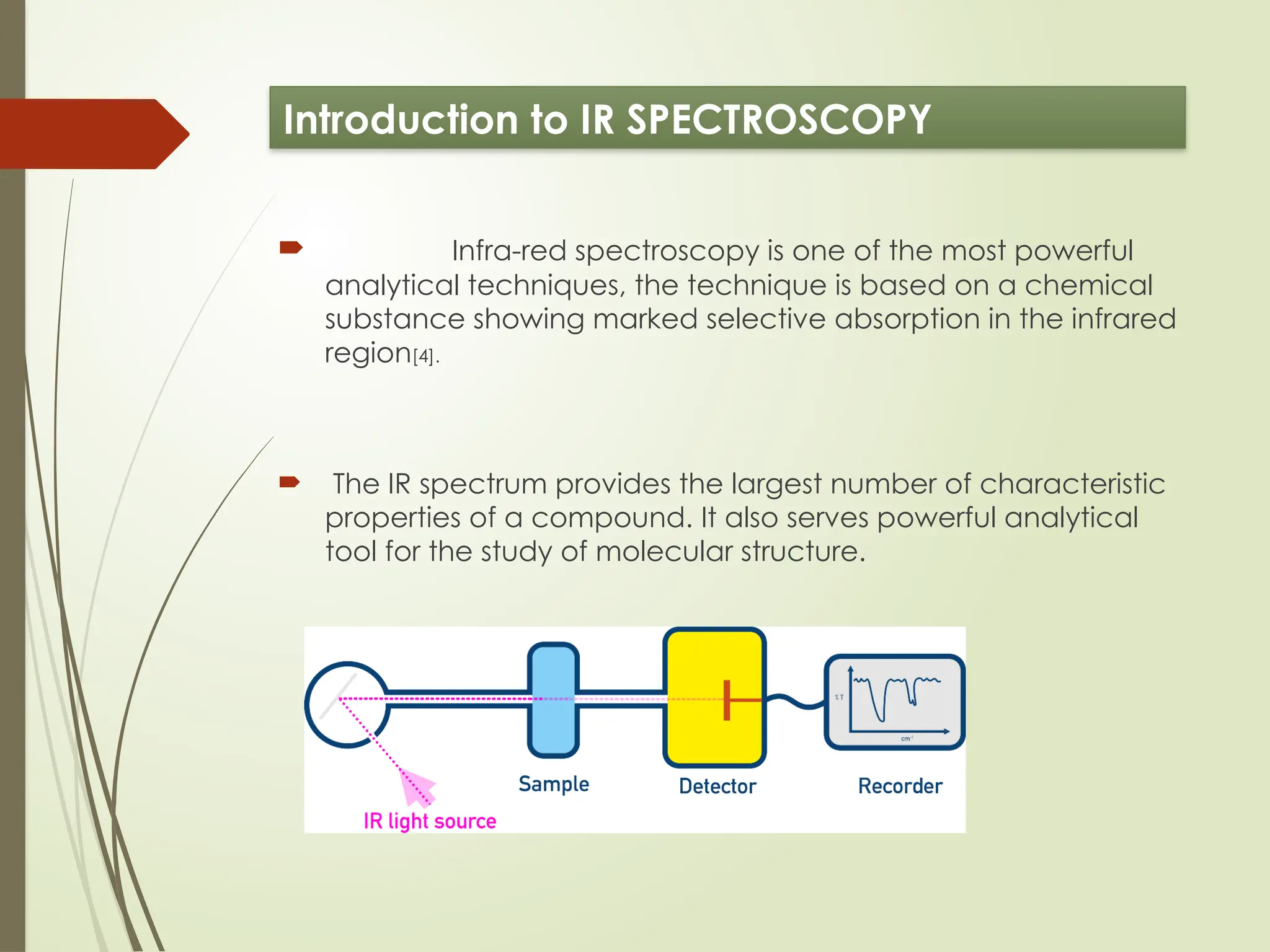 Introduction to IR SPECTROSCOPY
 Infra-red spectroscopy is one of the most powerful
analytical techniques, the technique is based on a chemical
substance showing marked selective absorption in the infrared
region[4].
 The IR spectrum provides the largest number of characteristic
properties of a compound. It also serves powerful analytical
tool for the study of molecular structure.
 