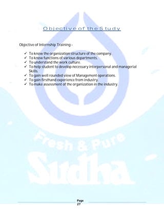 Page
27
Objective of the Study
Objective of Internship Training:-
 To know the organization structure of the company.
 To know functions of various departments.
 To understand the work culture.
 To help student to develop necessary interpersonal and managerial
Skills.
 To gain well rounded view of Management operations.
 To gain firsthand experience from industry.
 To make assessment of the organization in the industry.
 