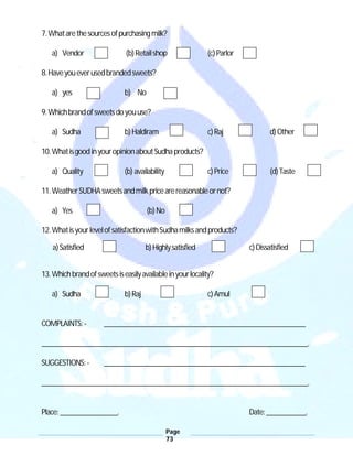 Page
73
7.Whatarethesourcesofpurchasingmilk?
a) Vendor (b)Retailshop (c)Parlor
8.Haveyoueverusedbrandedsweets?
a) yes b) No
9.Whichbrandofsweetsdoyouuse?
a) Sudha b)Haldiram c)Raj d)Other
10.WhatisgoodinyouropinionaboutSudhaproducts?
a) Quality (b) availability c)Price (d)Taste
11.WeatherSUDHAsweetsandmilkpricearereasonableornot?
a) Yes (b)No
12.WhatisyourlevelofsatisfactionwithSudhamilksandproducts?
a)Satisfied b)Highlysatisfied c)Dissatisfied
13.Whichbrandofsweetsiseasilyavailableinyourlocality?
a) Sudha b)Raj c)Amul
COMPLAINTS:- ________________________________________________________
__________________________________________________________________________.
SUGGESTIONS:- ________________________________________________________
__________________________________________________________________________.
Place:________________. Date:___________.
 