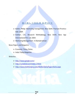 Page
81
BIBLIOGRAPHY
 Kotler, Philip; Marketing management, New Delhi, Pearson Prentice
Hall, 2009.
 Kothari, C.R., Research Methodology, New Delhi, New Age
International Pvt. Ltd. 2004.
 Marketing Management – K Ramakrishnan
News Papers and Magazine
 Economic Times, Patna.
 India Today Magazine.
Websites:
 http://www.google.co.in/
 http://compfed.co.in/index_2.html
 http://www.motherdairy.com/MotherDairyPages/home.aspx
 