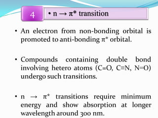4

• n → π* transition

• An electron from non-bonding orbital is
promoted to anti-bonding π* orbital.
• Compounds containing double bond
involving hetero atoms (C=O, C≡N, N=O)
undergo such transitions.
• n → π* transitions require minimum
energy and show absorption at longer
wavelength around 300 nm.

 