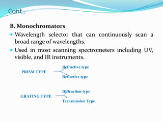 Cont..
B. Monochromators
 Wavelength selector that can continuously scan a
broad range of wavelengths.
 Used in most scanning spectrometers including UV,
visible, and IR instruments.
Refractive type
PRISM TYPE

Reflective type

Diffraction type
GRATING TYPE
Transmission Type

 