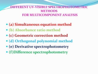 DIFFERENT UV-VISIBLE SPECTROPHOTOMETRIC
METHODS
FOR MULTICOMPONENT ANALYSIS

 (a) Simultaneous equation method
 (b) Absorbance ratio method

 (c) Geometric correction method
 (d) Orthogonal polynomial method
 (e) Derivative spectrophotometry

 (f)Difference spectrophotometry

 