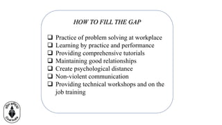 h
HOW TO FILL THE GAP
 Practice of problem solving at workplace
 Learning by practice and performance
 Providing comprehensive tutorials
 Maintaining good relationships
 Create psychological distance
 Non-violent communication
 Providing technical workshops and on the
job training
 