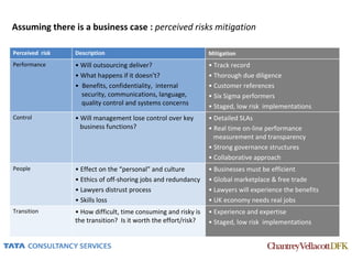Assuming there is a business case : perceived risks mitigation

Perceived risk   Description                                    Mitigation
Performance      • Will outsourcing deliver?                    • Track record
                 • What happens if it doesn’t?                  • Thorough due diligence
                 • Benefits, confidentiality, internal          • Customer references
                   security, communications, language,          • Six Sigma performers
                   quality control and systems concerns         • Staged, low risk implementations
Control          • Will management lose control over key        • Detailed SLAs
                   business functions?                          • Real time on-line performance
                                                                  measurement and transparency
                                                                • Strong governance structures
                                                                • Collaborative approach
People           • Effect on the “personal” and culture         • Businesses must be efficient
                 • Ethics of off-shoring jobs and redundancy    • Global marketplace & free trade
                 • Lawyers distrust process                     • Lawyers will experience the benefits
                 • Skills loss                                  • UK economy needs real jobs
Transition       • How difficult, time consuming and risky is   • Experience and expertise
                 the transition? Is it worth the effort/risk?   • Staged, low risk implementations
 
