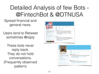 Detailed Analysis of few Bots -
@FintechBot & @DTNUSA
57
Spread ﬁnancial and
general news.
!
Users tend to Retweet
sometim...