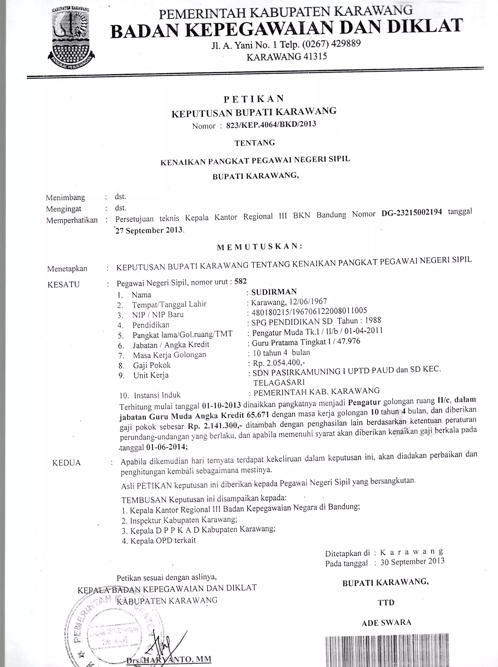 Jl. A. Yani No. i Telp. (0267) 429889
KARAWANG 41315
,Y ,, 't
PETIKAN
KEPTTTUSAN BUPATI KARAWANG
Notnor : 823/KEP''106'I/BKD/2013
TENTANG
KENAII{AN PANGKAT PEGAWAI NEGERI SIPIL
BUPATI KARAWANG,
Meninrbang . dst.
il:lf;H},-." , itt;r.,r.,r.. rer,.is Kepara r(antor Regional Ilt BI(N Bandung Nontor DG-23?1s002194 tanggal
'27
SePtember 2013'
Nl EMUTUSKAN:
Menerapr(an : KEpUTUSAN BU'ATT KARAWANC TENTANG KENAII(AN PANGKATpECAWAT NEGL'RI SIPIL
J(ESATU Pegarvai Negeri Sipil, nomor urut : 582
l. Nama : SUDIRMAN
2 Tenrpiit-l-angual Lahir : Karawang, 12106,1961
PE,MERNTAH KABUPATEN KARAAAN G
tsADAT{ KEPEGAWA{AI{ DAN DIKLAT
BUPATI I(ATTAWANG'
TTI)
ADE S'AItA
KEDl.rA
3. NIP NIPBaru :4801802151196106122008011005
,1. Pendidikan : SPC PENDIDII(Ah] SD Tahun : 1988
5.Pangkatlama,Coi.ruang'TlvlT:PengaturMuda'Tk'llll/1r101-04-2011
6" iabatan ' Angka Kredit : Guru Pratama Tingkat I I 47 '976
f . i4asa Kerja Colongan : i0 tahun 4 bulan
8. Gaji Pokoli : R'P 2'054'400'-
g.UnitKerja:SDNPASIRKAIVIUNINGIUPTDPAUD<lanSDKEC.
TELACASARI
i0. instansi iniiuk : PEMERINTAI-I KAB' I(ARAWANC
Ter.hitung rl1ulai tangral 0l-10-2013 dinaikkan pangkatnya menjadi.Pengatur golongan ruang Il/c' dalant
jabatan Guru lluda Anglia Kredit 65.67l,r.ngJn ,nasa t<e'.;a golongan l0 tahun'l bulan' dan diberikan
gajipokoksebesarnp.:-.f+f.:00,-ditambahdenganpenghasilanlainberdasarkan'ketentuanperaturan
perunda'g-un.lanca...ang L.erlaku. dan apabila *.,in,rhi sy;arat akan diberikan k'enaikan gaii lrerkala pada
.tanggal0l-06-2011:
: Apabiia dikenruiian hari ternrata terdapar kekeliruan dalam keputusan ini' akan diailakan perbaikan dart
penell itun lart kcrrlb.tl' ;<l^ i l,' lt'l'tt' IlleSt i n J'
Asli PETIK, keputusan ini ,Jiberrkan kepada Pegawai Negeri Sipil yang bersangkutan'
TEMBUSAN Keputusan ini trrsampaikan kepada:
l. l(epala Kantor Regional III Badan Kepegawaian Negara di Bandung;
2. lnspekttir l(abupaten l(arawang,
3. Kepala D P P K A D Kabupaten Karawangl
4 Kepala OPD ierl<ait
DitetaPkandi : K a r a w a n s
Pacla tanggal ' 30 SoPtenrber 20 1 3
Petikan sesuai dengarl aslinYa,
KEPEGAWAIAN DAN DIKLA'I
KARAWANCi
 