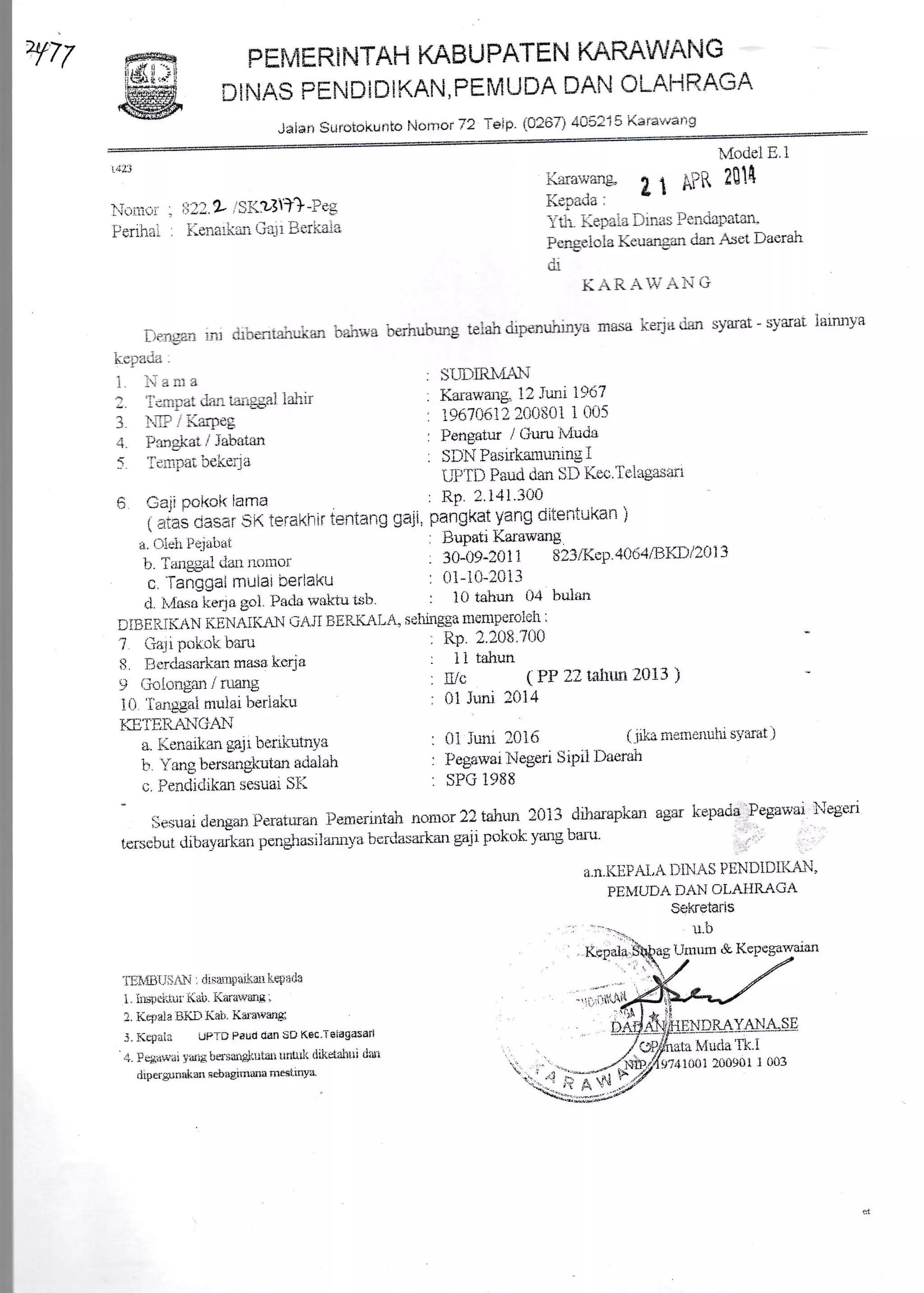 y77 p HPrt f; R i ft
-f'Ai-
i KA ts U pAT E N i{rqRA'vv;:t'i G
n t rjA$ r r hl ii i il i KA.ii, F f M u DA DA.N C !-Al-i P.AGA.
iaian Sirroiorr-irtLo i''it-:trrur72 aer LG2dT'i '+al)i 5 r';ra"a"J
],I*mr,i' ; is22.9- l$K331*-Peg
Perih* : !.axsillall'3*ji Berk-ala
Ilrrga* rni dibattafuulan bahlra
kepatia.
f . i.iam a
2. T*mpat dantar,ggal laldr
3. Nlo,rKxpeg
4. Pa'rgkei I Jatraian
5. Tempar txkeila
i{ar*wans
I I APR
KEpaila:
h.'{odel E. i
?0 14
Y*r F.epi* Dilrlrs PendaPataq
PageioiaKeuangan daur Aset Daerah
di
KARAW AN G
beriaubr:ng telah dipenuhinya masa kerjn dan syarat - syarst iarnnya
: SUDIRMAH
: Karawang 12 Juni 196?
'. 1967{:fi12 200-i(0} 1 i}05
; Fengat*r I Guru i-xvluda
: SDN Pasirkarr:iuiirng i
tipL'11Prud d.trr $l} Ke+'Tslsgasan
f Gati pci<oi< iama Rp 2 i4l'.*u0 .. *.-,r,.r,nrr 
1 ;iias caser .iK ieraithir t*niang gr{i, pangi,(at yafig ciitenlukan i
'-
r-'i' r: ""i'''i Bupati Karawltllg
; iiill;i.,u,r,r.,*o,, . :o-t.rsr-:r.rt 1 823/Kep 4()ti4r'13rJti2a13
c. fanggat millai hei-lekil : fii-lli-2lli-1
.1. iu'iaoJ.ilrtrrgloi. P*rlrrlvukiursi: : 10 iah-irn 04 buliur
il IEE tiiK Al{ K E l,J:iI*$'J L;A.JI B ErililL A. seliiilggil mtmperc'l*li :
i (14-ii pi:ki;k !:ani ' "tlp 2'X)8'?{}0
$. i.lcriiasarkr.u: masa kcrja : i i *rhun
!) iir:i*n#m .r il:ail$ : ur: ( PI' z? l$lulil l0l -1 i
li) '1';,i",.g{ai mu}ai !.,ertiiku 01 iuni 2fli4
l-,Li:lEIilt'd{iAlj
*, f.:i""i.i,u" ga,Ji i:e*i:utri-v3 i ili luni ?01ti ( iille;n*irlt;iui"ir s'irral }
i.. y*ng bersi*igkutan aclalat : pegawot i.iegeri Sipii Daerliir
*. F.'*ntliiirkan sisuai Sii. : SPG 1988
ll*sr.rairleiig,urrperarr;ra* llenreriiituir Jror-rror22trii:un ?0i3 diharapkarl agar ie*Patin Fegawai liegcri
t.er-';eF.,ut tliba-viuknn pengirasilamya briCai"a*:ar gnii pokak 1'urg bnru'
n.n. It]]P;iI, A l,-i){ AS F llNIlIDlI'-i*J,
PE&,IUDA If A}I CIT,AI.IILAGA
:l-Lli4}l.liir'ti : rils,t-titpai-lialt ll-e'.'i:iia
l. irxi.ri'iiiiri liib. 'tzirii+iirrg
I
i. iiq:'ale Liii,l-r ii:rir. 631'31v:ir$i
-r. Kcp;;lli UPTD Palld dan tiD Kec"Ieiagasail
4. Pcg:.x;r'iulx i;r't':;ir'r#lular lrlltlrir tlii''eL:hrli Clrtl
ihpergrinr*.an sebagtinu:a nresliityi;'
${'kretaris
u.tr
'{*lrilirn .9 Kepegan'aian
h,luri:r'Il;.i
i?dlii01 :ti0ii0t I 003
 