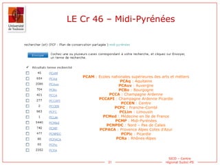 21
SICD – Centre
régional Sudoc-PS
LE Cr 46 – Midi-Pyrénées
PCAM : Ecoles nationales supérieures des arts et métiers
PCAq ...