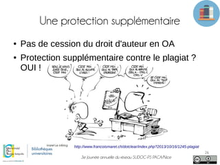 3e Journée annuelle du réseau SUDOC-PS PACA/Nice
26
Une protection supplémentaire
● Pas de cession du droit d'auteur en OA
● Protection supplémentaire contre le plagiat ?
OUI !
http://www.francoismaret.ch/dotclear/index.php?2013/10/16/1245-plagiat
 