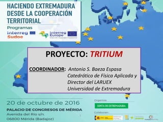 1
PROYECTO: TRITIUM
COORDINADOR: Antonio S. Baeza Espasa
Catedrático de Física Aplicada y
Director del LARUEX
Universidad de Extremadura
 