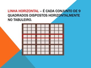 LINHA HORIZONTAL – É CADA CONJUNTO DE 9
QUADRADOS DISPOSTOS HORIZONTALMENTE
NO TABULEIRO.
 