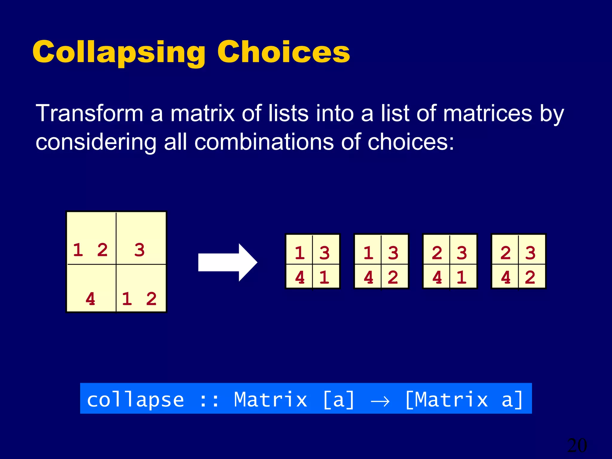 20
Collapsing Choices
Transform a matrix of lists into a list of matrices by
considering all combinations of choices:
collapse :: Matrix [a] → [Matrix a]
1 3
4 1
2 3
4 2
2 3
4 1
1 3
4 2
1 2 3
4 1 2
 