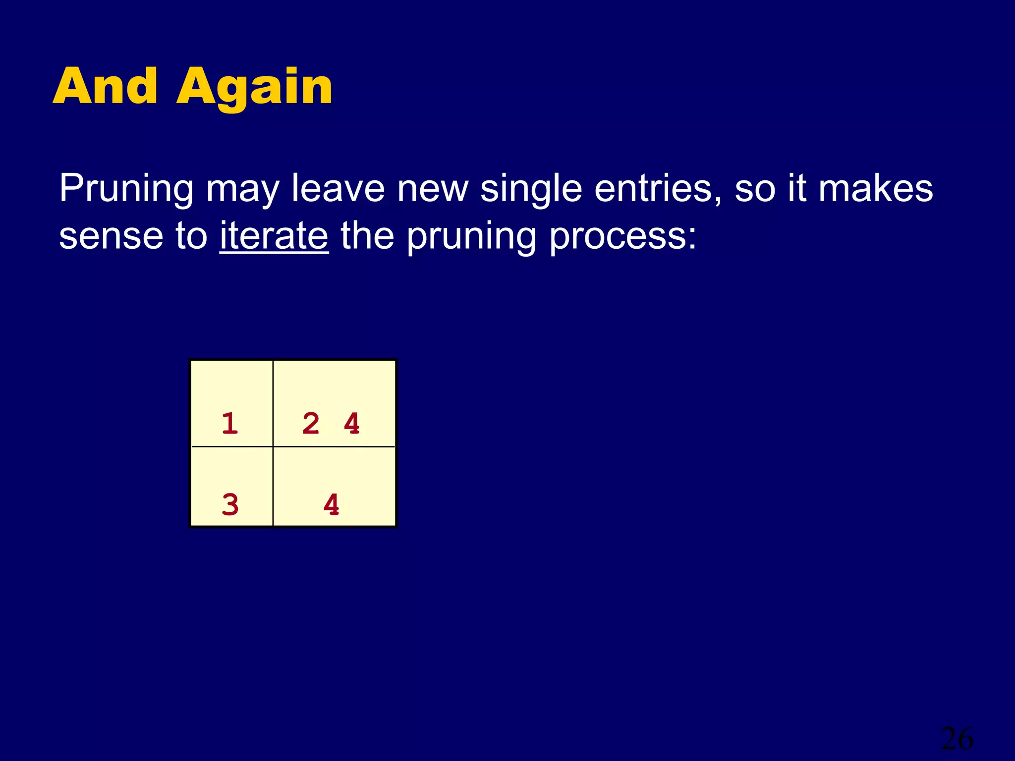 26
And Again
Pruning may leave new single entries, so it makes
sense to iterate the pruning process:
1 2 4
3 4
 