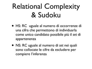 Relational Complexity & Sudoku HS: RC  uguale al numero di occorrenze di una cifra che permettono di individuarla come unico candidato possibile più il  set  di appartenenza NS: RC uguale al numero di  set  nei quali sono collocate le cifre da escludere per compiere l’inferenza  