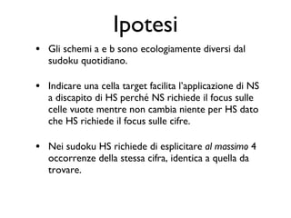 Ipotesi Gli schemi a e b sono ecologiamente diversi dal sudoku quotidiano.  Indicare una cella target facilita l’applicazione di NS a discapito di HS perché NS richiede il focus sulle celle vuote mentre non cambia niente per HS dato che HS richiede il focus sulle cifre.  Nei sudoku HS richiede di esplicitare  al massimo  4 occorrenze della stessa cifra, identica a quella da trovare. 