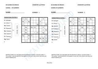 IES ALONSO DE OROZCO                                     CHEMISTRY and PHYSIC                 IES ALONSO DE OROZCO                                     CHEMISTRY and PHYSIC

    SUDOKU OF ELEMENTS                                                                            SUDOKU OF ELEMENTS


    NAME:……………………………………                                      NUMBER 1                              NAME:……………………………………                                     NUMBER 2


OXIDATION STATES 1                                                                                  OXIDATION STATES 1
                                          Fr   Cs        1                     H                                                                 Fr         Rb              1    Ag
H: Hydrogen                                                                                         H: Hydrogen
                                          Na   1    Ag                   K                                                                  Rb   1          Fr             Na
Li: Lithium                                                                                         Li: Lithium
                                          H                         Ag   1          Rb                                                           K          Li   Cs         H
Na: Sodium
                          ALKALI METALS




                                                                                                    Na: Sodium




                                                                                                                            ALKALI METALS
                                               Ag        Na Cs                 K                                                            1                    Ag         Li           Fr
K: Potassium                                                                                        K: Potassium
                                          1    Rb                              Li   Na                                                      Fr              Na        K                  Cs
Rb: Rubidium                                                                                        Rb: Rubidium
                                               Na               1   Fr         Ag                                                           Na        Li         1                       Ag
Cs: Caesium                                                                                         Cs: Caesium
                                          Ag        Na   H                           K                                                                Fr         Rb Cs            Li
Fr: Francium                                                                                        Fr: Francium
                                                    K                    Na Rb       Fr                                                               1               H          Rb Na
Ag: Sylver                                                                                          Ag: Sylver
                                               Li                   Na         Cs   Ag                                                           Ag Rb                Li          K
1                                                                                                   1




    INSTRUCTIONS: Fill in the blanks with the elements of valence 1 and the number “1”.            INSTRUCTIONS: Fill in the blanks with the elements of valence 1 and the number “1”.
    The number 1 and the elements must appear in every row, every column and every box             The number 1 and the elements must appear in every row, every column and every box
    without repeating any.                                                                         without repeating any.




                                                                                          Alicia Díaz
 