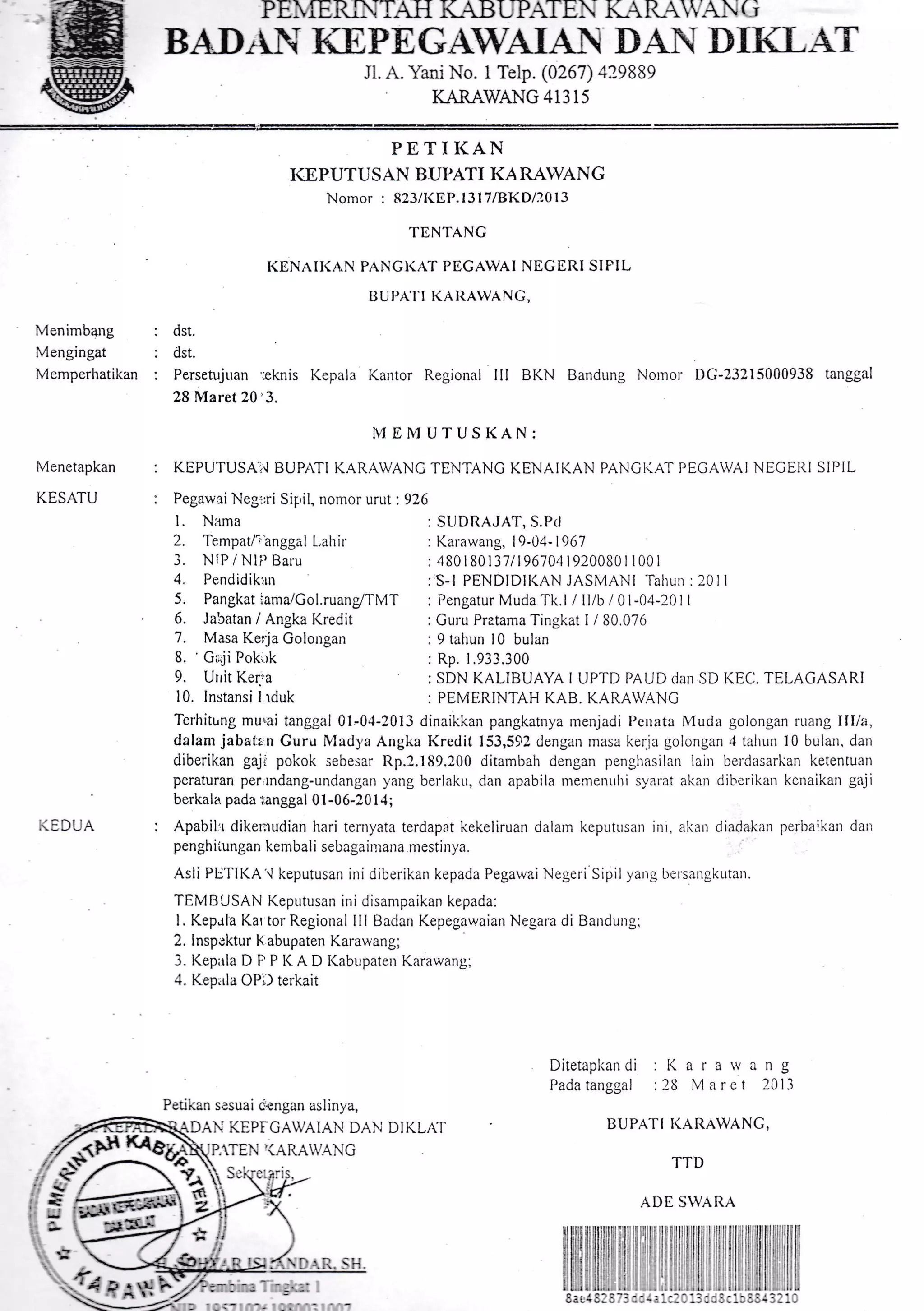 ffi B A-D, it' fffiLffi[ffi BHt Sf"' Ar:
.ffi, JL A. Yani No. I Telp. (0267) 429889
tW K{IL^^ryANG41315yrt-<p'
Menimbang
Mengingat
Memperhatikan
Menetapkan
KESATU
i:DUA
PETII(AN
KEPUTUSAN BUPATI KA RAIVANG
Nomor : 823/KEP.l3l7IBKD/2013
TENTANG
I(ENAII(A.N PANGI(AT PEGAWAI NEGERI SIPIL
BUPATI I(ARAIVANG,
dst.
dst.
Persetujrnn ':eknis l(epala Kantor Regional III BKN Bandung Noilol DG-23215000938 tanggal
28 Maret 20 3.
N{BMUTUSKAN:
KEPU'IUSAI,.] BUPATI K.{RAI.ANG TENTANG KENAII(AN PANGi(AT PECAWAI NECERI SIPIL
Pegawai Neg'rri Sip,il. no*or urut : 926
Terhitung mu,ai tanggal 0l-0.1-2013 dinaikkan pangkatnya menjadi Pcnata Muda golongan ruang III/a,
dalam jaba(rn Guru iVladya Angka Kredit 153,592 dengan rnasa keria golongan 4 tahun l0 bulan. dan
diberikan gajL pokok sebesar Rp.?.189.200 ditarnbah clengan penghasilan lain berdasarkan ketentuan
peraturan perrndang-undangan yang berlakLr, dan apabila nrenenrrlri svarat akan diberikan kenaikan gaji
berkala pada :anggal 0l-06-201 1;
Apabil'r dikemudian hari ternyata terdapat kekeliruarr dalarn keputusan inr, al<an diadakan perba;kan dan
penghiiungan kembali sebagaimana mestinya.
Asli PUTIKA'{ keputusan inidiberikan kepada PegarvaiNegeriSipilyang bersangkutarr.
TEMBUSAN Keputusan ini disanrpaikan kepada:
l. Kep.rla Kar tor Regional III lladan Kepegawaian Negara di Bandungl
2. Inspcktur K abupaten Karawang;
3. Kepirla D F P K A D l(abupaten Karawang:
.1. Keprrla OP;) terkait
L Nama
2. Tempat/l anggal L,ahir
i. NiP / Nli) Baru
4. Pendidik:rn
5. Pangkat iamalGol.ruang/1-MT
6. Ja'oatan / Angka Kredit
7. Masa Kerja Golongan
8. Gi:ji Pok,rk
9. Urrit Kera
1 0. Instansi I rduk
DAN KEP| GAWAIAN DA}iDIKLAT
P.TEN
.(ARAIANG
SUDRAJAT, S.Pd
Karawang, l9-04-1961
480 l 801 31 t t96104r 920080 r r 00 r
S-l PENDIDII(AN JASMANI Talrun : 201 I
Pengatur Muda Tk.l I lllb I 0l-0,1-201 I
Gulu Pratama Tingkat I / 80.076
9 tahun l0 bulan
Rp. 1.933.300
SDN KALIBUAYA I UPTD PAUD dan SD KEC. TELAGASARI
PEMERINTAH KAB. KARAWANC
Ditetapkandi : K a r a w a n g
Padatanggal :2ti Maret 2013
BUPATI I(ARAWANC,
TTD
ADE SWARA
Perikan s,:suai ccngan aslinya,
F3>
frE1
-
'-'.Lr
':
'r
.
--
,r, ;f.'*3rL'i+
- ,... tr
!titt:r,r lrrll .iilil li;i' l:: ; , "t1' l ,ll ll
ii:ii.i.i
 
