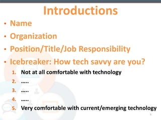 Introductions 
• Name 
• Organization 
• Position/Title/Job Responsibility 
• Icebreaker (next page) 
3 
 