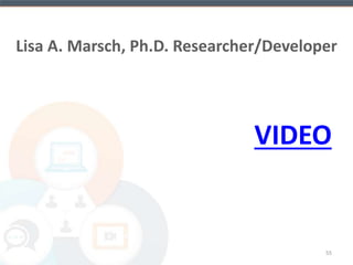 Technology-Assisted Care 
Interventions 
have been developed to target 
Addictive Disorders including: 
• Alcohol Use 
• Tobacco Cessation 
• Gambling 
• Illicit Drug Use 
55 
 