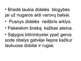 Briedė laukia didelės  blogybės  jai už nugaros aidi varovų balsai. Pusnys didelės  neišbris arklys. Pakeiskim šneką  kažkas ateina. Sąlygos bitininkystei ypač geros  sode obelys gatvėje liepos kažkur laukuose dobilai ir rugiai. 