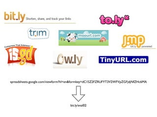 spreadsheets.google.com/viewform?hl=en&formkey=dC1SZ2FZRUFYT3V2WFVpZGFjdjNfZHc6MA




                                   bit.ly/eval02
 