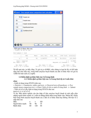 L p Ph   ng pháp NCKH – Ch   ng trình CUD UPNT03




    t qu có      c nh sau:
. ttesti 50 96 35 120
One-sample t test
------------------------------------------------------------------------------
         |     Obs        Mean    Std. Err.   Std. Dev.   [95% Conf. Interval]
---------+--------------------------------------------------------------------
       x |      50          96    4.949747          35    86.05311     105.9469
------------------------------------------------------------------------------
    mean = mean(x)                                                 t = -4.8487
Ho: mean = 120                                   degrees of freedom =        49
   Ha: mean < 120                   Ha: mean != 120             Ha: mean > 120
 Pr(T < t) = 0.0000             Pr(|T| > |t|) = 0.0000        Pr(T > t) = 1.0000

T k t qu này, ta th y r ng: Vì giá tr p <0.0001, nên chúng ta lo i b H0 và k t lu n
r ng d a trên m u này, trung bình amylase huy t thanh c a dân s khác bi t v i giá tr
120 v/ml m t cách có ý ngh a
         1.2 Ki m nh s khác bi t c a 2 s trung bình
                1.2.1 Ki m nh s khác bi t c a 2 s trung bình l y t 2 m u khác
nhau
- L nh s d ng trong STATA nh sau:
+ Statistics -> Summaries, tables and tests -> Classical tests of hypotheses -> Two
sample mean comparison test -> Ch n 2 bi n s c n so sánh s trung bình -> Submit
- Tính v i s có s n, l nh s d ng trong STATA nh sau:
ttesti n1 x1 s1 n2 x2 s2
Ví d : M t nhóm nghiên c!u thu th p s li u amylase huy t thanh t m t m u g m
nh"ng ng i kh e m nh và 1 m u t nh"ng b nh nhân trong b nh vi n. Nhóm NC mu n
bi t trung bình amylase huy t thanh c a 2 dân s có khác nhau hay không. D" li u v 2
m u nh sau:
M u                     n    x       SD
Ng i kh e m nh          50   96      35
B nh nhân               60   120 40


                                                                                   3
 