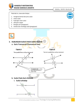 HANDOUT MATEMATIKA 
SMP KOLESE KANISIUS JAKARTA 
Sudut, Garis sejajar 
Pada bab ini, siswa akan belajar : 
1. mengenai bentuk dan jenis sudut 
2. notasi sudut 
3. hubungan antar sudut 
4. sifat garis sejajar 
5. bilangan jam (pengayaan) 
6. melukis dan membagi sudut (pengayaan) 
3. HUBUNGAN SUDUT PADA GARIS SEJAJAR 
a. Garis Transversal (Transversal Line) 
b. Sudut Pada Garis SEJAJAR 
i. Sudut sehadap 
www.fransescorner.com| The bridge for learning Mathematics 1 
 