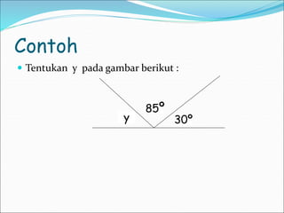 Contoh
 Tentukan y pada gambar berikut :
y
85º
30º
 