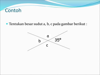 Contoh
 Tentukan besar sudut a, b, c pada gambar berikut :
c
a
35º
b
 