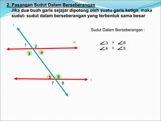 Sudut Dalam Berseberangan :
4 = 5
2. Pasangan Sudut Dalam Berseberangan
Jika dua buah garis sejajar dipotong oleh suatu garis ketiga, maka
sudut- sudut dalam berseberangan yang terbentuk sama besar
3 = 6
m
l
k
1 2
3 4
5 6
7 8
 
