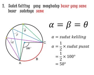 2. Sudut Keliling yang menghadap busur yang sama
besar sudutnya sama
 