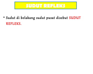 • Sudut di belakang sudut pusat disebut SUDUT
REFLEKS.
SUDUT REFLEKS
 