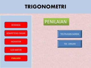 TRIGONOMETRI
BERANDA
KOMPETENSI DASAR
INDIKATOR
SUB MATERI
EVALUASI
PENILAIAN
TES PILIHAN GANDA
TES URAIAN
 