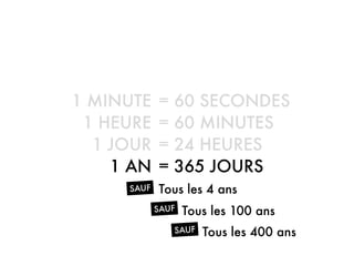 1 MINUTE
1 HEURE
1 JOUR
1 AN
= 60 SECONDES
= 60 MINUTES
= 24 HEURES
= 365 JOURS
SAUF Tous les 4 ans
SAUF Tous les 100 ans
SAUF Tous les 400 ans
 