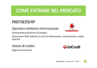 COME ENTRARE NEL MERCATO

PARTNERSHIP
Operatore telefonico internazionale
Hosting della piattaforma tecnologica
Numerazioni VOIP dedicate ai servizi di informazione, comunicazione, mobile
payment


Istituto di credito
Pagamenti elettronici



                                              SudWebExpo | Catania 24-11-2012
 