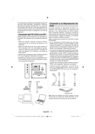 Los programas se grabarán en el directorio siguiente
    del disco USB conectado: DVRRECS. Todas las                  Conexión a un Reproductor de
    grabaciones estarán identificadas con números                  DVD
    (por ejemplo 4801-000.ts). Para cada grabación se            Si desea conectar un reproductor de DVD a su
    creará un ﬁchero de texto (.txt). Dicho ﬁchero incluirá      televisor LCD, puede utilizar los conectores del
    la información del canal, el programa y la hora de           televisor. Los reproductores de DVD pueden
    grabación.                                                   tener conectores distintos. Consulte el manual de
     Conexión del TV LCD a un PC                                 instrucciones del reproductor de DVD para obtener
                                                                 más información. Apague el televisor y el aparato
    Puede conectar su PC al televisor, a ﬁn de poder ver         antes de realizar cualquier conexión.
    la imagen del ordenador en la pantalla del televisor
                                                                 Nota: Los cables que se muestran en la ilustración no están
    LCD.                                                         suministrados.
    • Antes de realizar cualquier conexión, primero              • Si su reproductor de DVD cuenta con una toma
      desenchufe de la corriente el televisor y el                 HDMI, puede conectarlo a través de HDMI. Cuando
      ordenador.                                                   conecte el aparato a un reproductor de DVD tal
    • Utilice un cable D-sub de 15-pin para conectar un            como se ilustra a continuación, cambie a la fuente
      PC al televisor LCD. A ﬁn de habilitar el sonido,            HDMI. Lea el apartado “Selección de Entrada”.
      utilice un cable de audio para las entradas de             • La mayoría de reproductores de DVD se conectan
      audio del televisor (en el lateral), y la salida de          a través de las TOMAS DE COMPONENTES. Sólo
      audio del PC.                                                podrá utilizar el modo YPbPr cuando conecte un
    • Cuando haya conectado el cable, cambie la fuente a           dispositivo que cuente con salida en formato YPbPr
      PC. Lea el apartado “Selección de entrada”.                  a través de la toma de entrada para PC utilizando
    • Establezca la resolución que le sea satisfactoria. En        un cable conversor de YPbPr a PC. Para habilitar la
      los apéndices podrá encontrar información acerca             conexión de sonido, utilice la ENTRADA DE AUDIO
      de la resolución del aparato.                                ubicada en el lateral del televisor.
                                                                 . Cuando haya conectado el cable, cambie la fuente a
                                                                   YPbPr. Lea el apartado “Selección de entrada”.
                                                                 • También puede conectarlo a través de la
                                                                   toma de EUROCONECTOR. Utilice el cable
                                                                   de EUROCONECTOR tal como se muestra a
                                                                   continuación.




                                                                 Nota: Estos tres métodos de conexión realizan la misma
                                                                 función pero con grados de calidad diferentes. No es
                                                                 necesario realizar las conexiones con los tres métodos.




                                                      Español - 9 -


01_[ES]_MB45_(01-TV)_1900UK_IDTV_NICKEL9_22880W_10066921_50161643.indd 9                                     12.01.2010 17:09:27
 